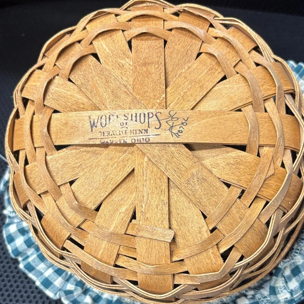 Woven Wood Basket with Blue Gingham Fabric Lid